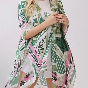 1129.  Lightweight Green & Pink Patterned Sheer Kimono